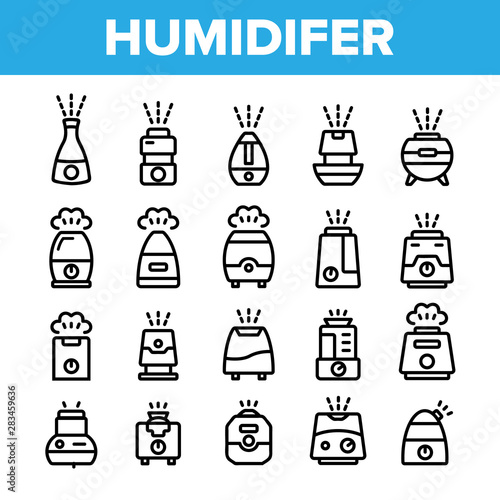 Collection Different Humidifier Icons Set Vector Thin Line. Climatic System Equipment Humidifer Assortment Linear Pictograms. Steam, Humidification, Water Monochrome Contour Illustrations
