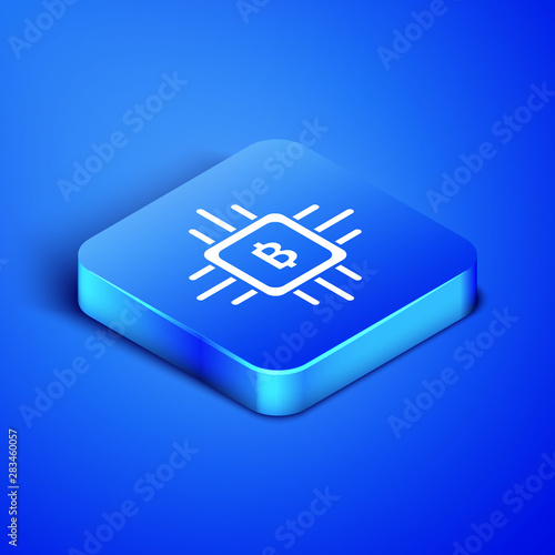 Isometric CPU mining farm icon isolated on blue background. Bitcoin sign inside processor. Cryptocurrency mining community. Digital money. Blue square button. Vector Illustration