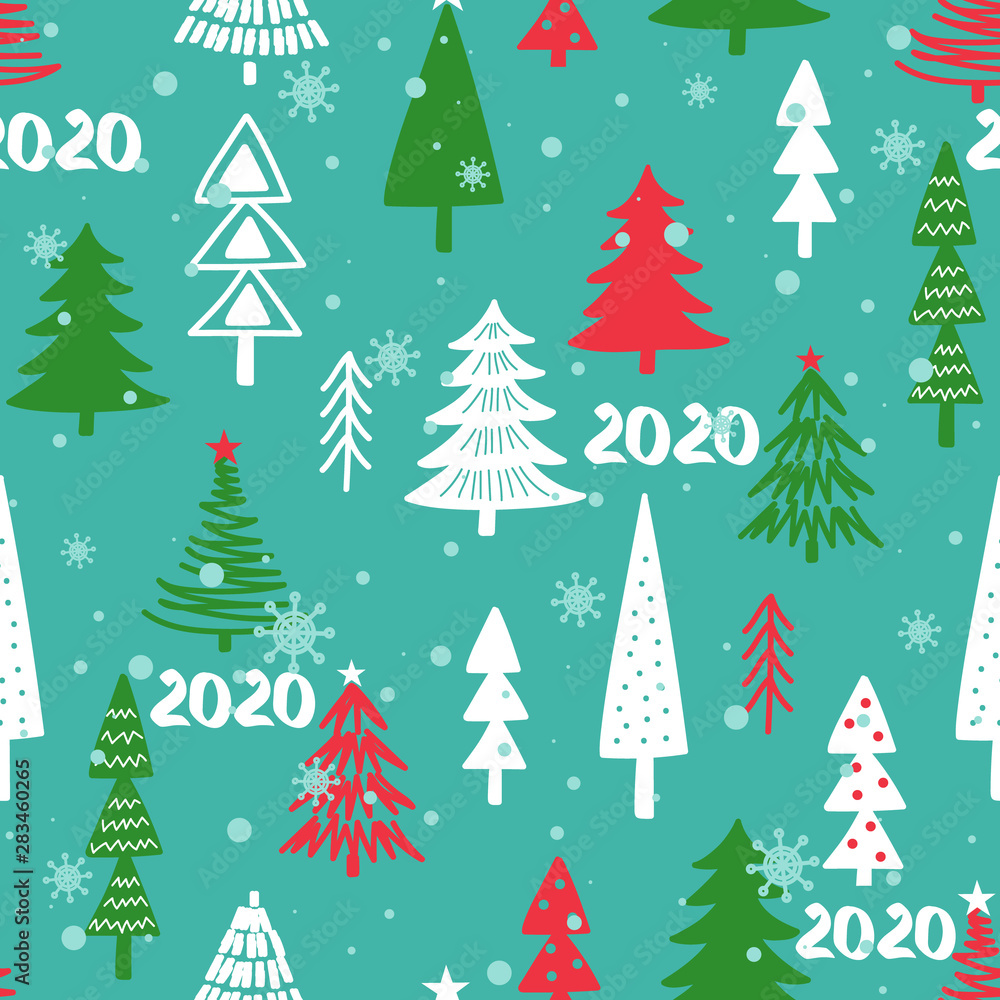 Seamless pattern with fir trees, snow. Colorful background vector. Design illustration. A lot of fir-trees. Decorative wallpaper, good for printing. Happy New Year. Winter time
