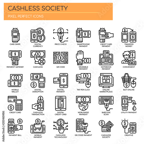 Cashless Society , Thin Line and Pixel Perfect Icons