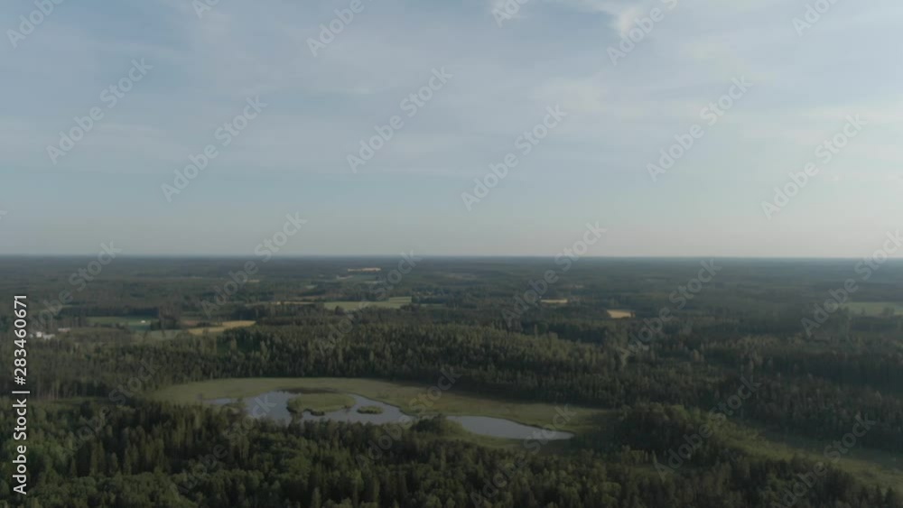 Lake and green forest. Flying over green trees and pond. Wild nature. Water. Horizon. Arial drone shot. Lake and green forest. Flying over green trees and pond. Wild nature. Water. Horizon. Arial drone shot.
