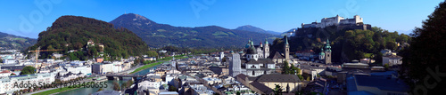 Panoramic view of the city of Salzburg on a summer day, view of the hill of the castle and the river, Salzburg, Austria. © Konstantin