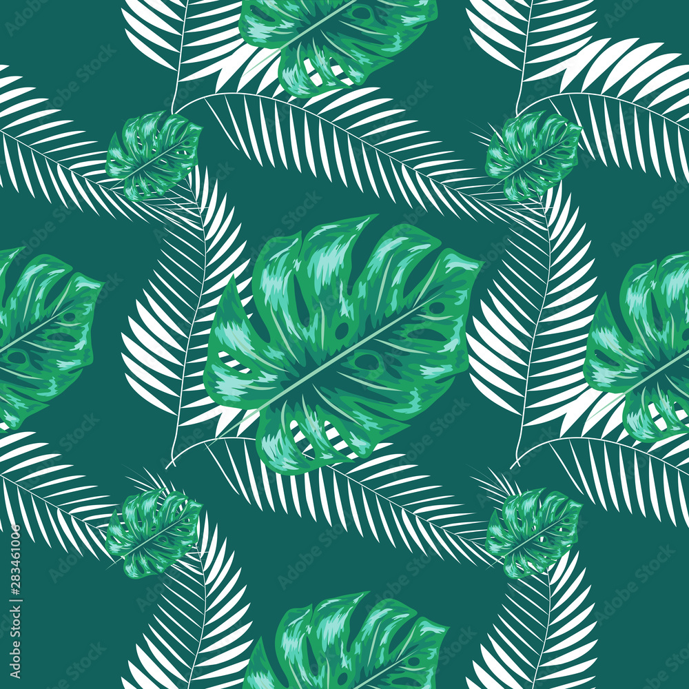 Tropical leaf design featuring navy Palm and blue Monstera plant leaves on a pink background. Seamless pattern.