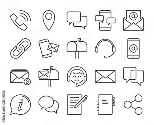 Contact Us icon. Contact and communication line icons set. Editable stroke. Pixel Perfect.