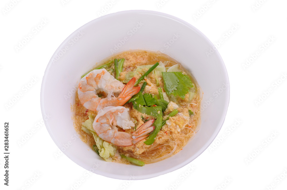 Sukiyaki,Shabu(Thai Suki) asian food in broth Mixed sea food with prawn,squid slide,eggs,vermicelli,vegetable, served with sesame & tofu mashed sauce, spicy sweet & sour a bit, on white background. Sukiyaki,Shabu(Thai Suki) asian food in broth Mixed sea food with prawn,squid slide,eggs,vermicelli,vegetable, served with sesame & tofu mashed sauce, spicy sweet & sour a bit, on white background.