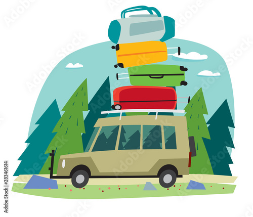 Cute little car carries a bunch of backpacks and travel bags in the taiga in the forest. Vector full color graphics