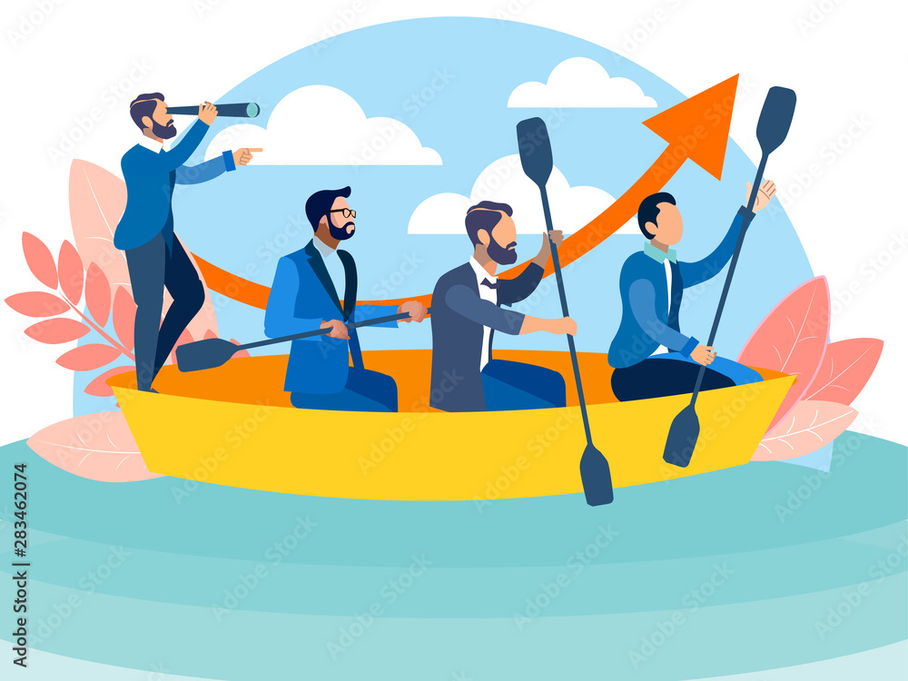 Office staff sailing in the same boat to the goal. In minimalist style Cartoon flat Office staff sailing in the same boat to the goal. In minimalist style Cartoon flat