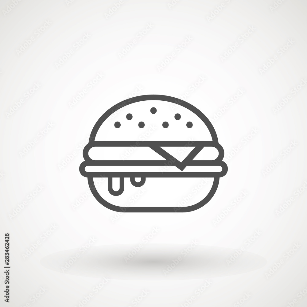 Fototapeta premium Burger Hamburger icon illustration web site mobile logo app UI design, meat, beef, food, lettuce, sandwich, meal, grilled, tomato, bun, snack, onion, cheese sign symbol. Fast food vector.