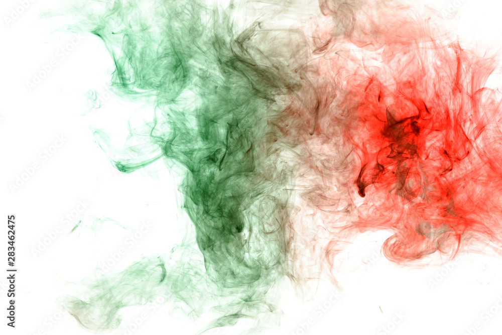 Fototapeta premium Abstract distortion of the process of mixing two substances of green and red in the form of a wavy pattern of smoke or ink. Print for clothes. Disease and viruses.