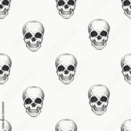 Human scull seamless pattern. Hand drawn vector skeleton illustration. Engraved style. Vintage halloween illustration.