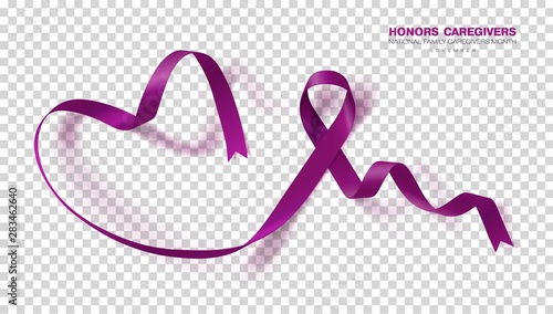 Honors Caregivers. National Family Caregivers Month. Plum Color Ribbon Isolated On Transparent Background. Vector Design Template For Poster.