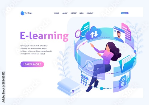 Isometric concept young girl in the process of learning through the Internet, watching educational videos, reading books. Template landing page for website