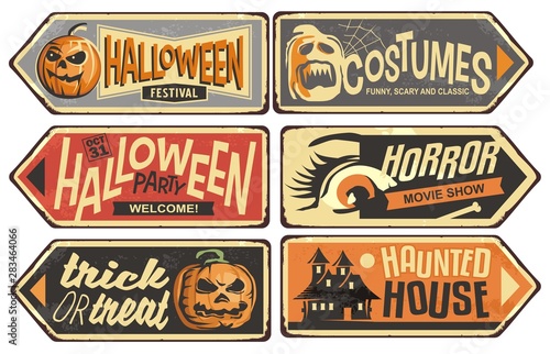 Halloween signs collection. Vintage vector signpost for Halloween festival, costumes shop, horror movie show, haunted house. Holiday designs set.