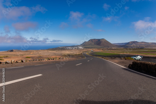 Tourist, scenic road to Lanzarote, running near the ocean