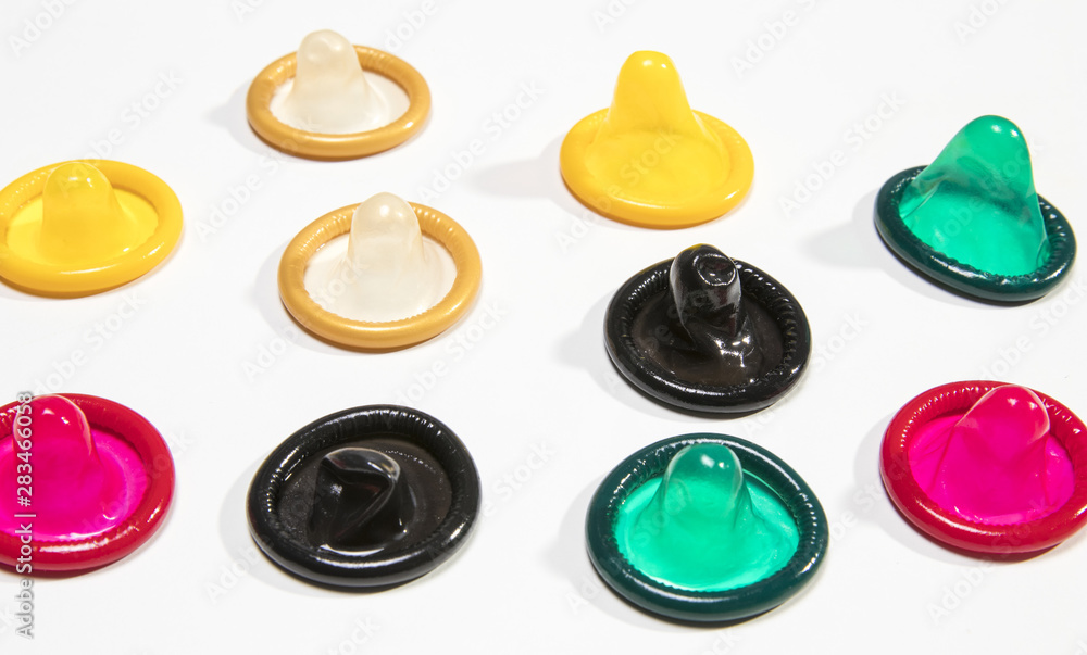High angle colourful and transparent condoms High angle colourful and transparent condoms