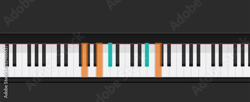 Piano keys learning how to play chords vector illustration, flat cartoon piano keyboard lesson app for studying top view image