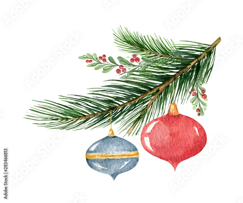 Watercolor vector Christmas wreath with green pine branches and decorative balls.