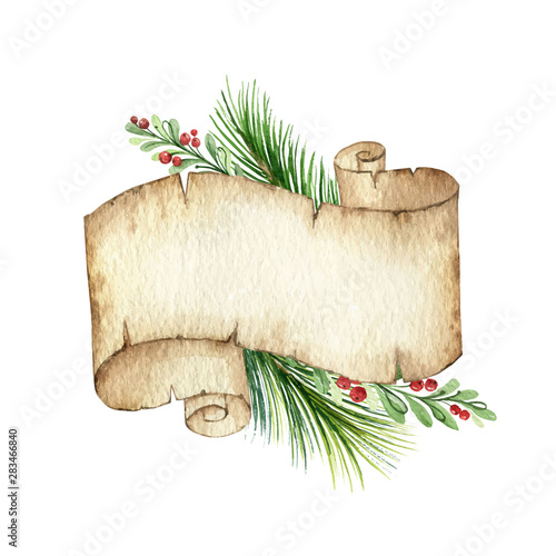 Watercolor vector Christmas old scroll paper with fir branches and place for text.