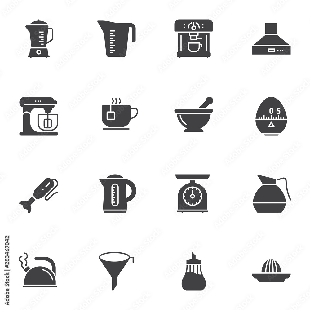 Kitchen utensils vector icons set, modern solid symbol collection, filled style pictogram pack. Signs, logo illustration. Set includes icons as measuring cup, kettle, coffee machine, food processor