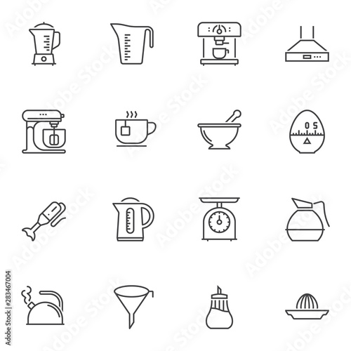 Kitchen utensils line icons set. linear style symbols collection outline signs pack. vector graphics. Set includes icons as measuring cup, electric kettle, hand blender, coffee machine, food processor