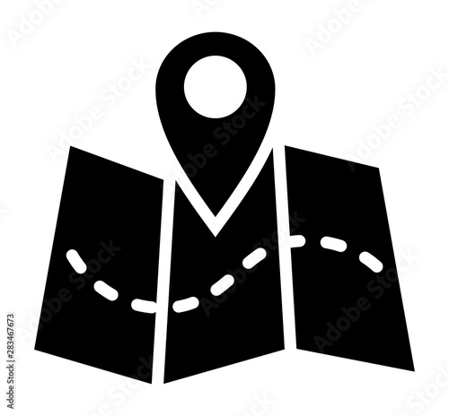 Trifold map with GPS location marker and dotted line flat vector icon for navigation apps and websites