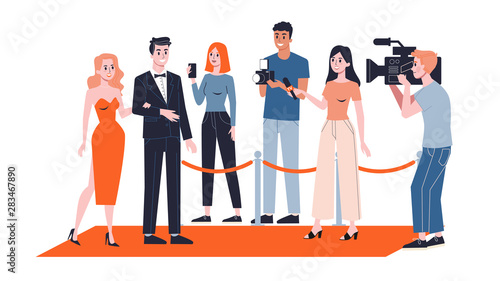 Celebrity couple on the red carpet. Paparazzi standing