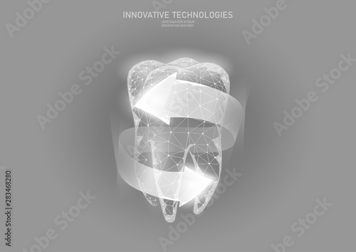 Low poly tooth protection medical concept. Whitening toothpaste enamel reconstruction healthcare. Polygonal healthy dentistry procedure glowing arrow around tooth vector illustration
