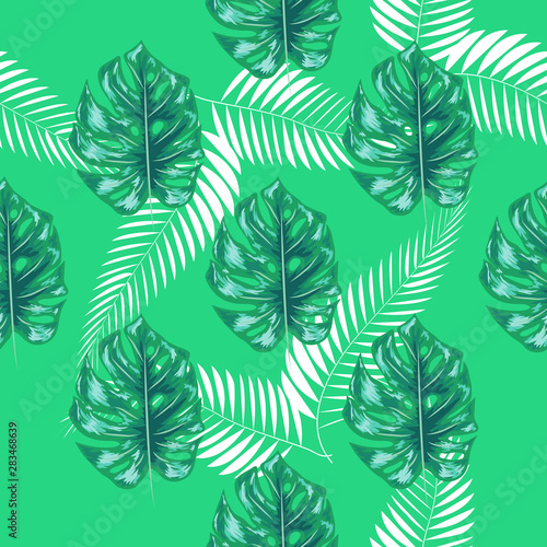 Tropical palm leaves, monstera, jungle leaf seamless floral summer pattern background