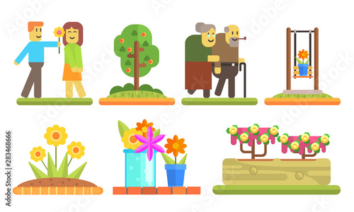 Park and Garden Elements Set, Young Man Giving Flower to Girl, Senior Couple Walking Together, Flowerbeds and Pots with Blooming Flowers Vector Illustration