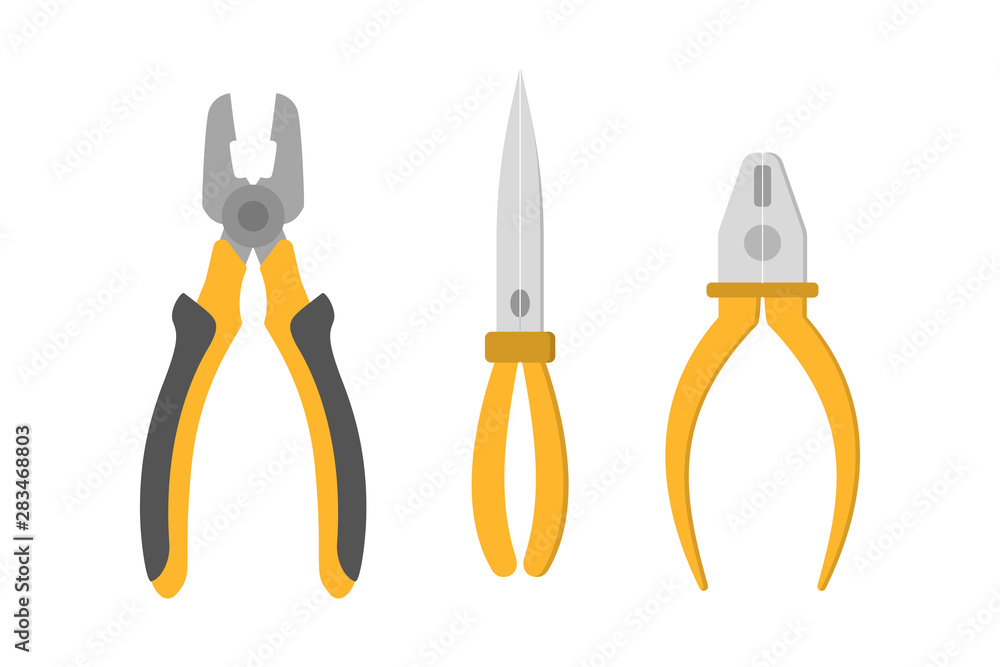 Collection of pliers. Electrician tool with yellow handle Collection of pliers. Electrician tool with yellow handle