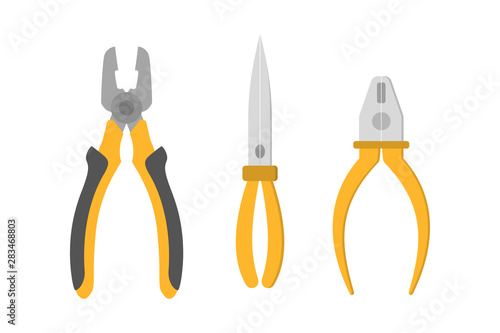 Collection of pliers. Electrician tool with yellow handle