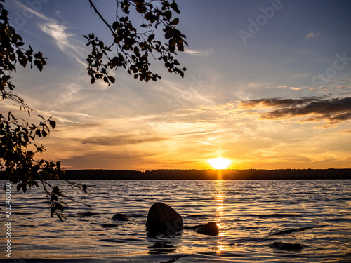 Golden sunset on the Volga river
