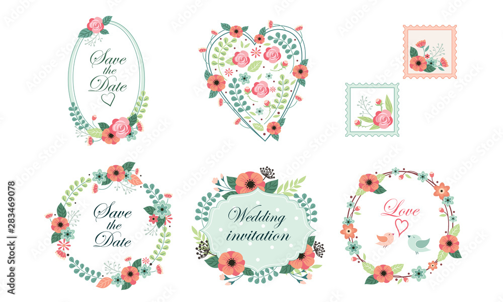 Floral Frame Collection, Wedding Invitation, Save the Date Card Design Elemets, Frame with Blooming Flowers Vector Illustration Floral Frame Collection, Wedding Invitation, Save the Date Card Design Elemets, Frame with Blooming Flowers Vector Illustration