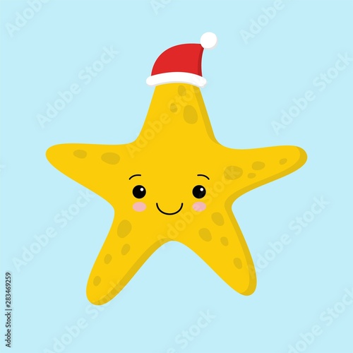 Funny and cute yellow starfish wearing Santa s hat for Christmas and smiling - vector.