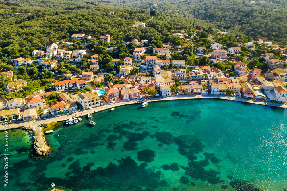 Gaios, capital city of Paxos Island, aerial view. Greece.