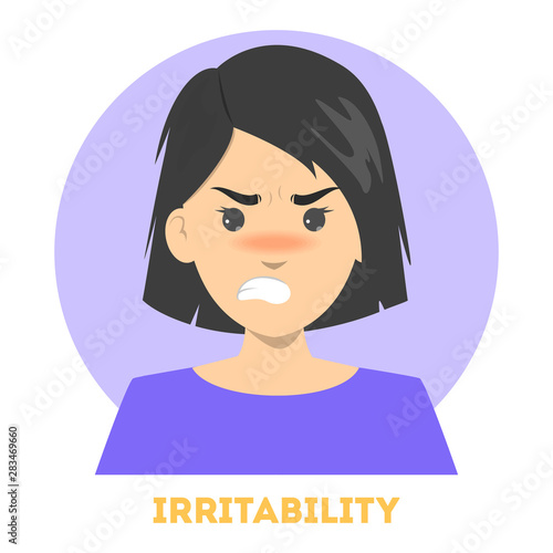 Irritability emotion. Angry irritated character, facial expression