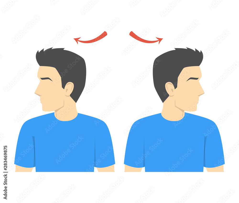 Neck rotation exercise. Turning head left and right Stock Vector
