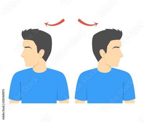 Neck rotation exercise. Turning head left and right