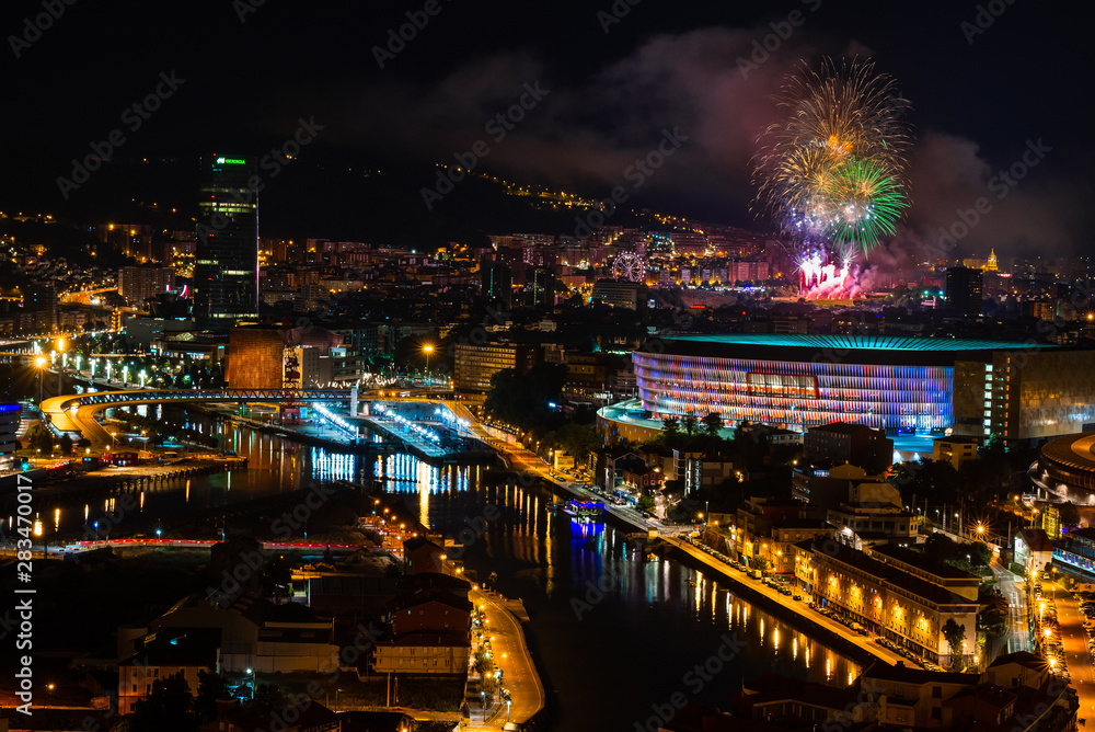 Bilbao at night with the fireworks during the festival of Aste Nagusia, Basque Country, Spain