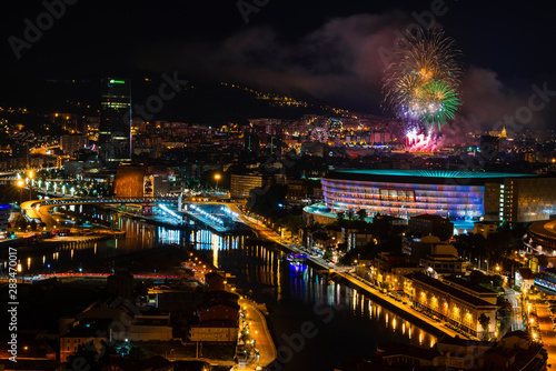 Obraz na płótnie Bilbao at night with the fireworks during the festival of Aste Nagusia, Basque Country, Spain w salonie