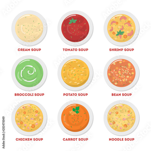 Soup set top view. Collection of cream and broccoli soup