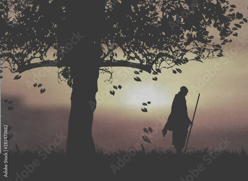 An Asian Monk Holding The Club Under The Sunset 