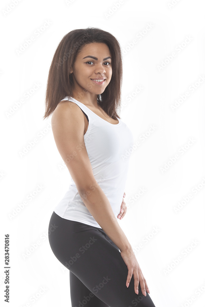 Portrait young African American woman isolated on a white background. Portrait young African American woman isolated on a white background.