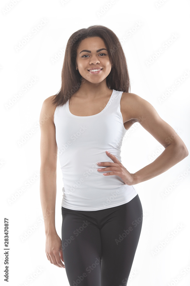 Portrait young African American woman isolated on a white background. Portrait young African American woman isolated on a white background.