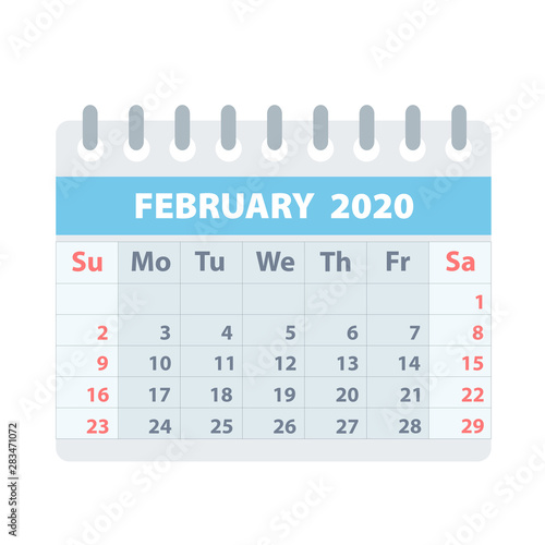 Callendar for February 2020 in flat style for design on white, stock vector illustration