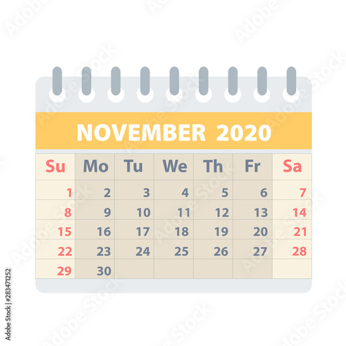 Callendar for November 2020 in flat style for design on white, stock vector illustration