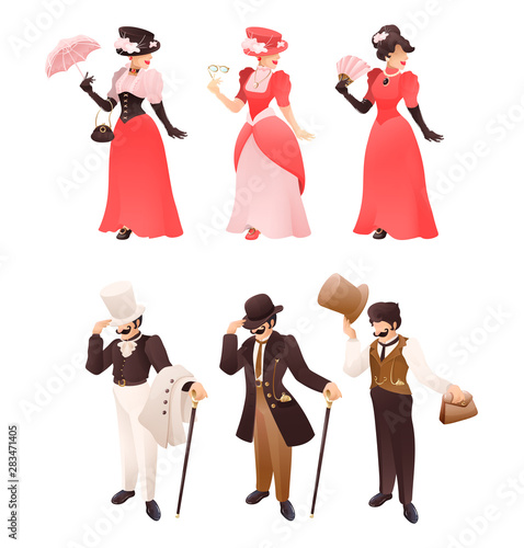 Fashioned retro victorian lady and gentleman with different accessories