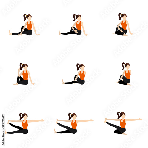 Seated twisted yoga poses set/ Illustration stylized woman practicing twisting seated yoga postures