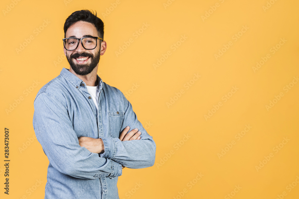 Medium shot happy guy with copy space Medium shot happy guy with copy space