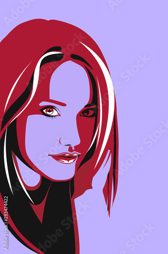Fashion illustration. Beautiful female face, vector. Young stylish woman with perfect hair. Charming teen girl portrait. Design element.